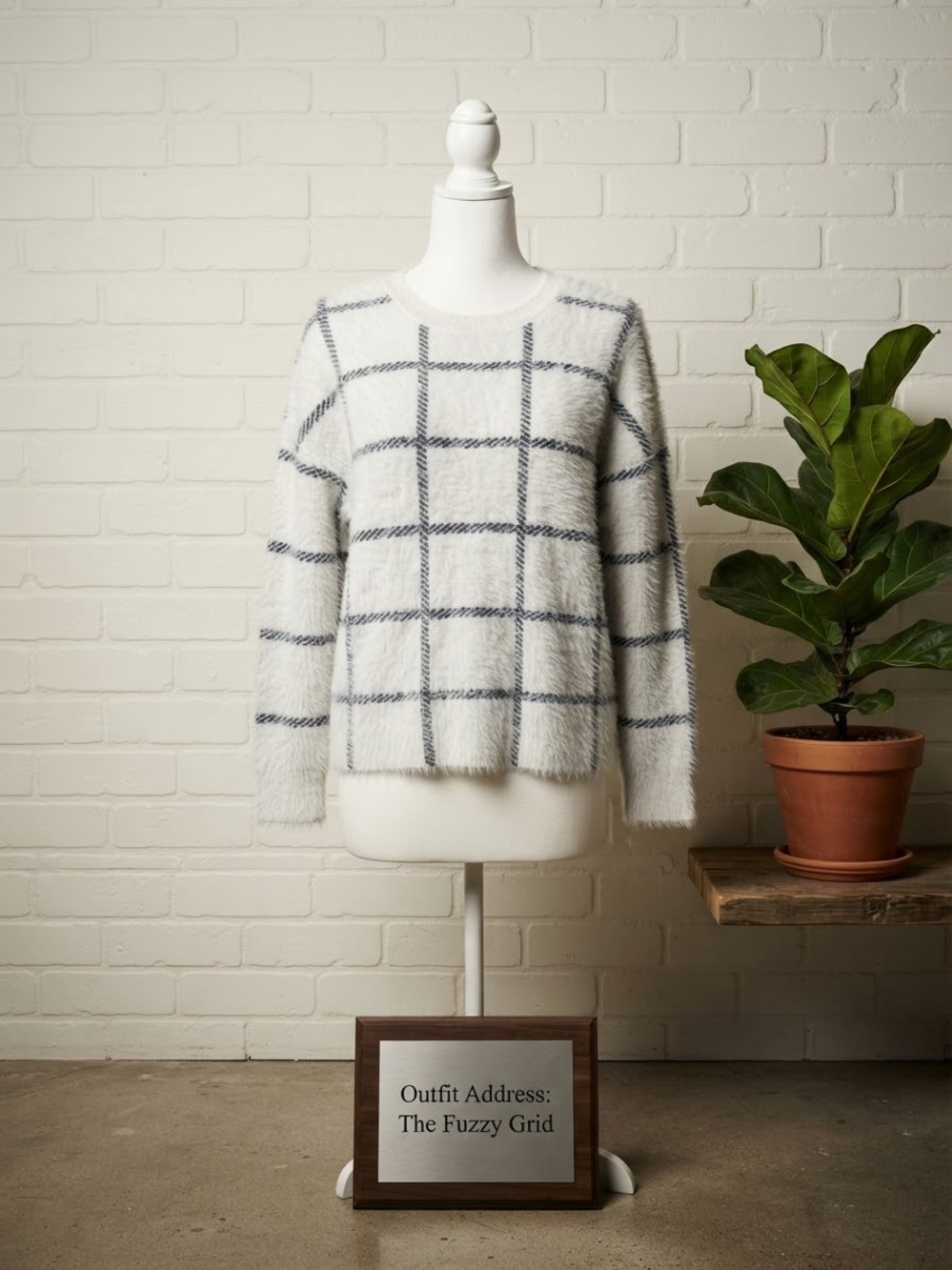 Cyrus Cream Fuzzy Windowpane Crewneck Sweater